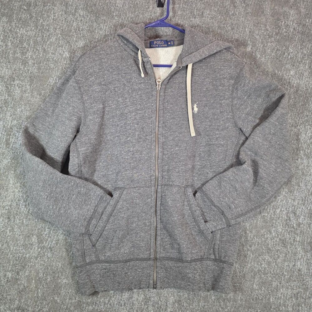 Polo Ralph Lauren Hoodie Men’s Medium Gray Full Zip Fleece Thermal Sweatshirt